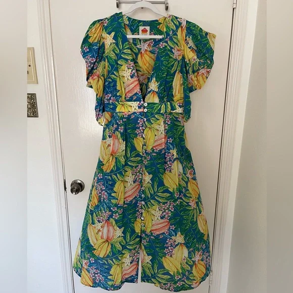 Farm Rio Midi Dress Star Fruit print w Puff Sleeves. Size Medium. - Picture 9 of 10
